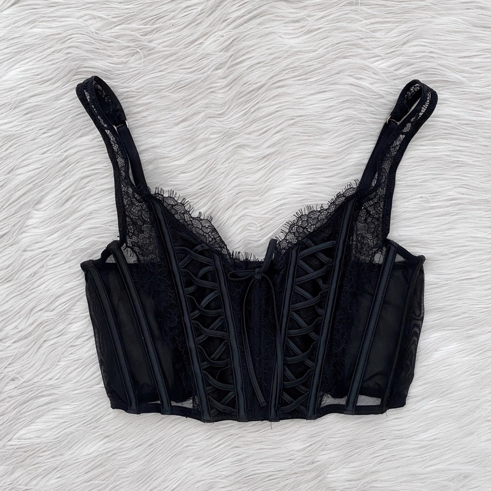 Victoria’s Secret Black Lace Up Sheer Lace Corset Top Bustier Renaissance Fairy